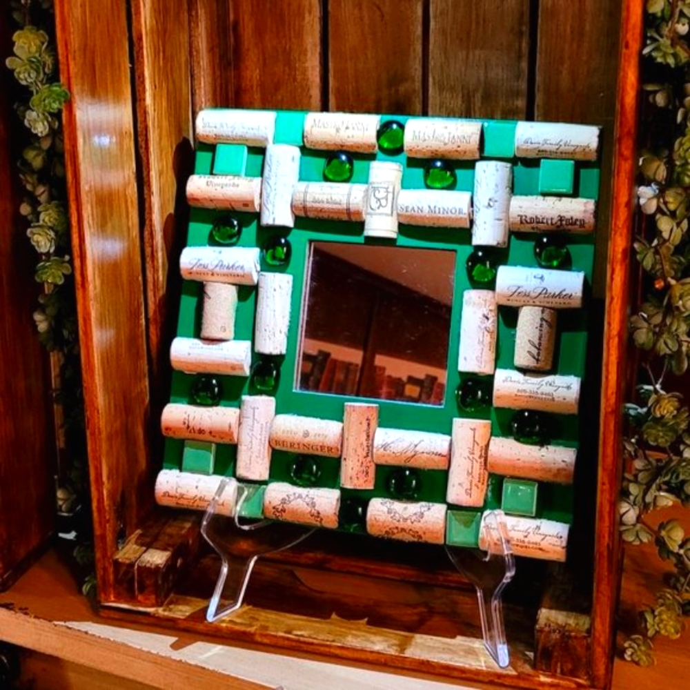 Green Round Cabochons Glass Mirror Decor with Wine Cork-NWT-Handmade